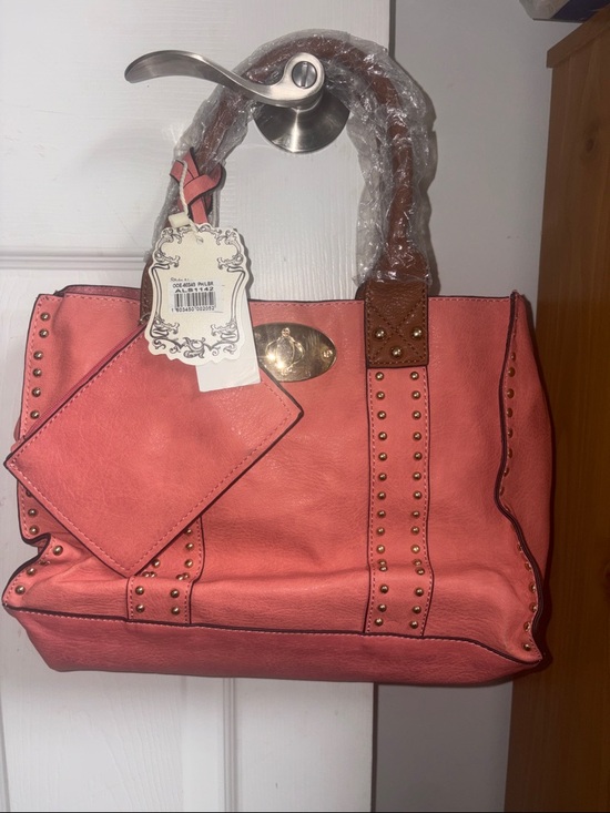 Alyssa Handbags - Coral Studded Tote with Brown Handles and Matching Pouch